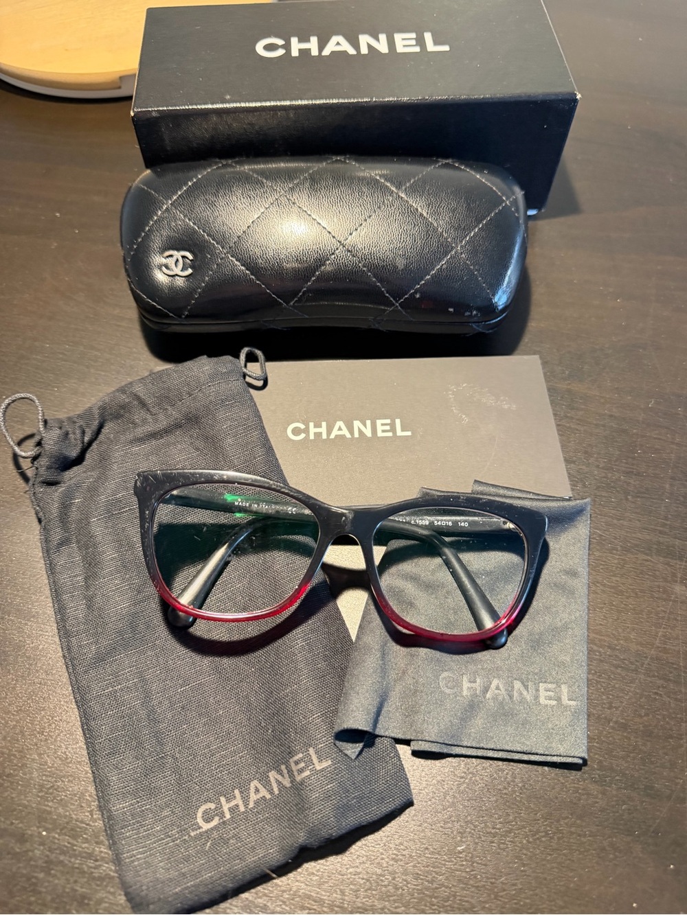 CHANEL Black and Red Cat-Eye Eyeglasses with Signature Case
